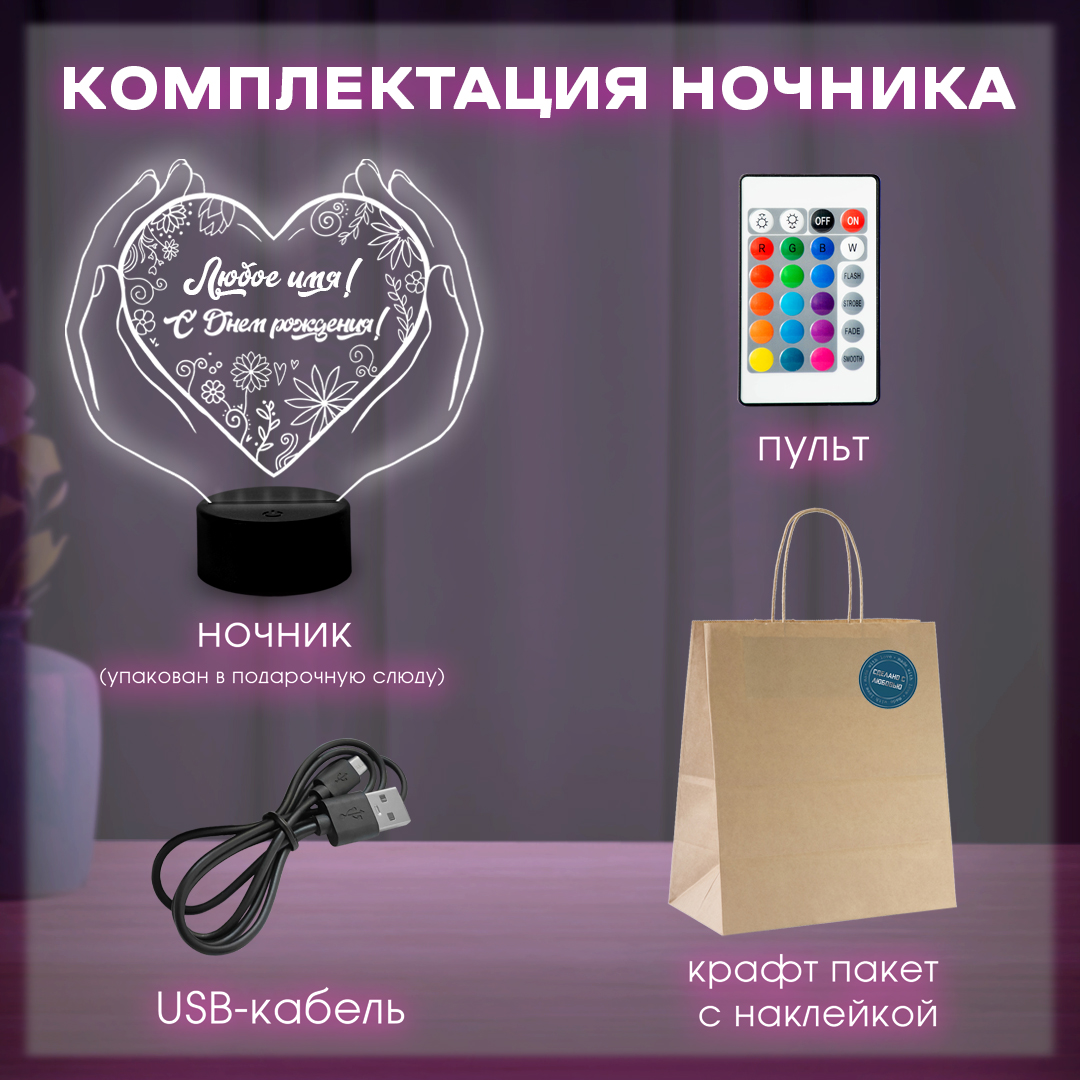 Светильник (ночник) "С днём рождения" с любым именем 
